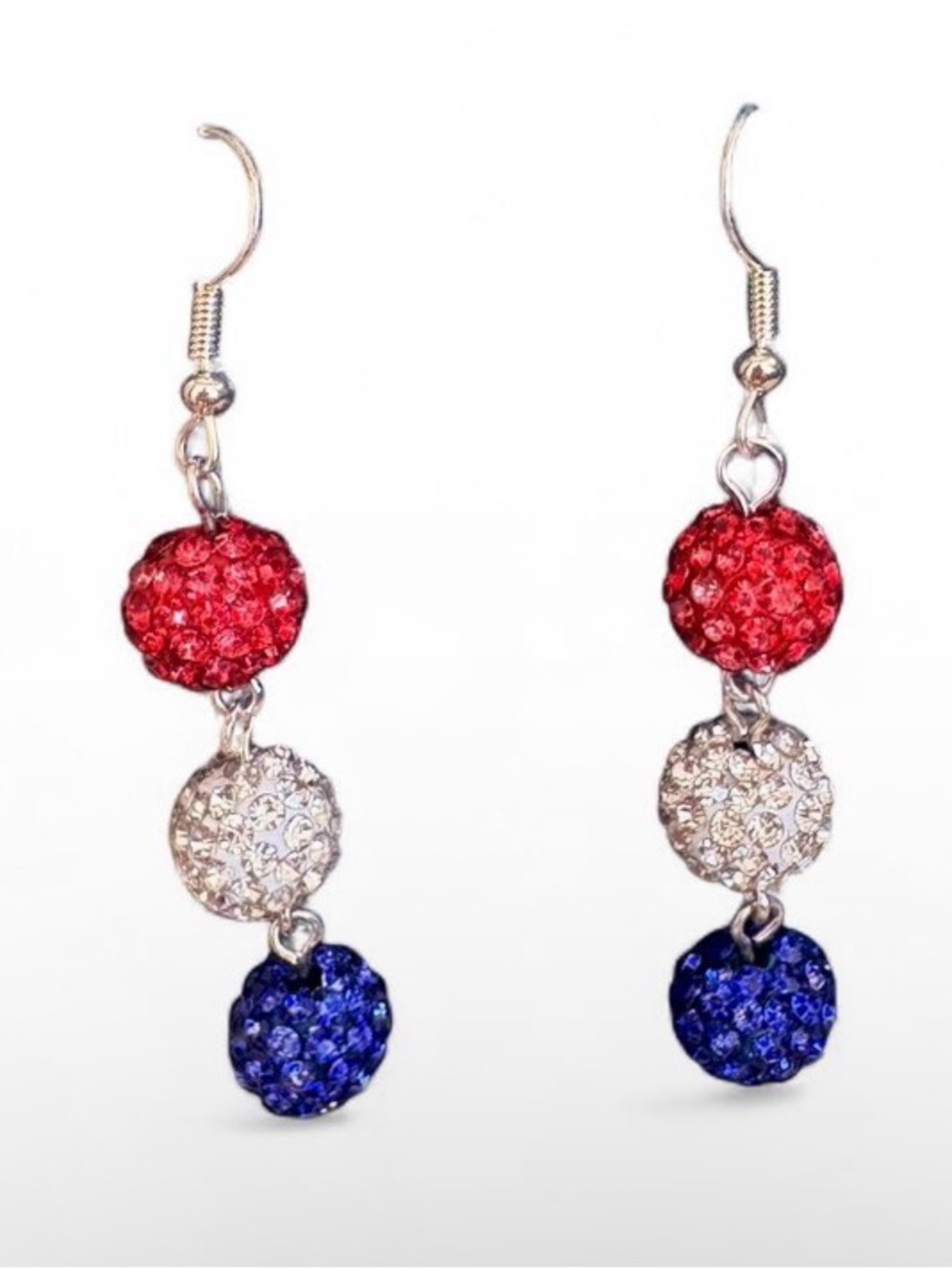 Red, White, and Blue Crystal Drop Earrings - Sparkling Trio Dangles